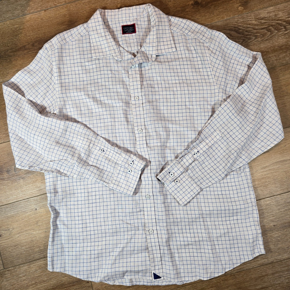 UNTUCKit Linen Shirt Mens XXL White Blue Squares Slim Fit Wrinkle Resistant 2XL